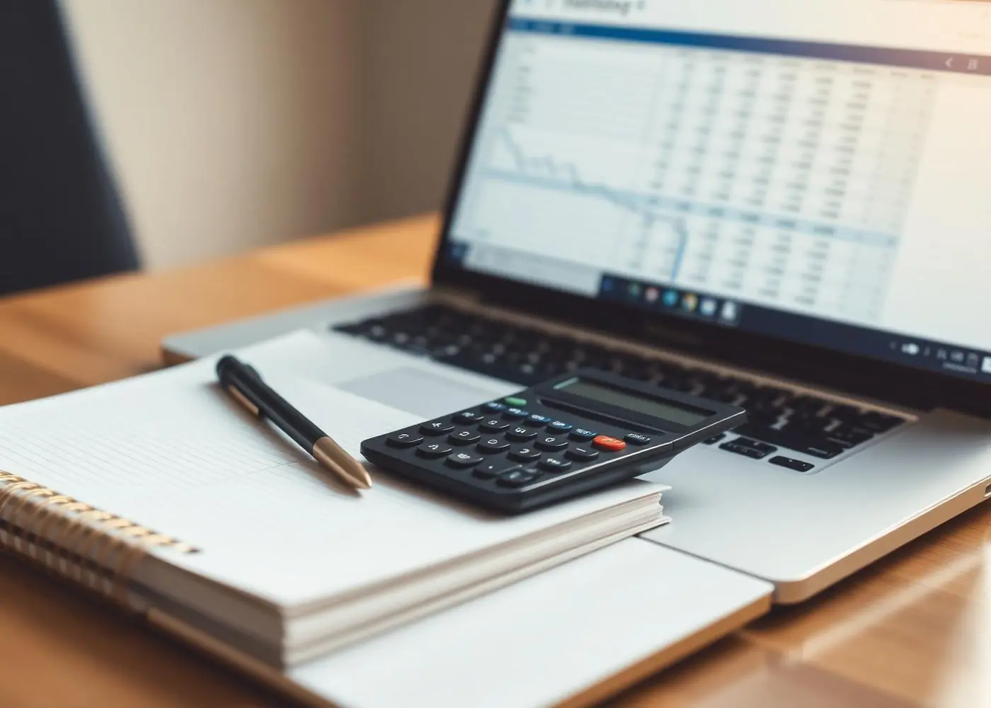 Organized accounting workspace with calculator and financial reports
